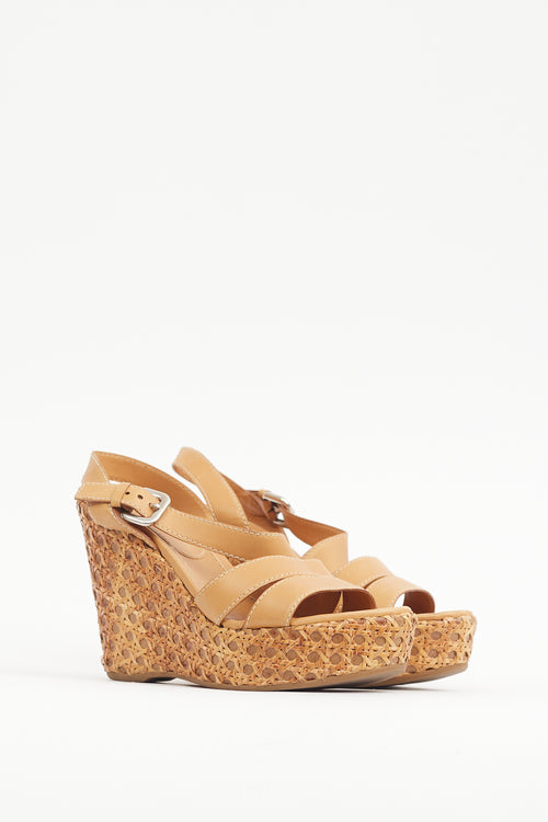 Prada Brown Leather 
Woven Straw Wedge Heel