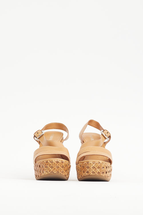 Prada Brown Leather 
Woven Straw Wedge Heel