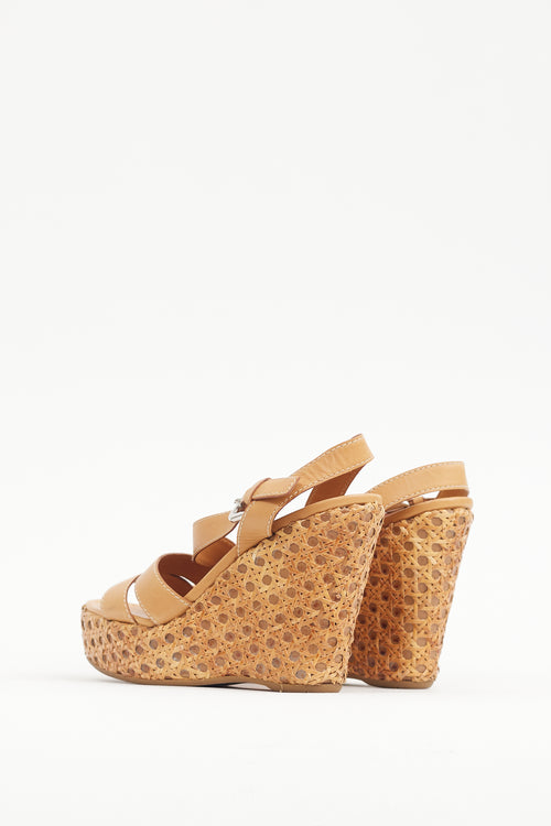 Prada Brown Leather 
Woven Straw Wedge Heel