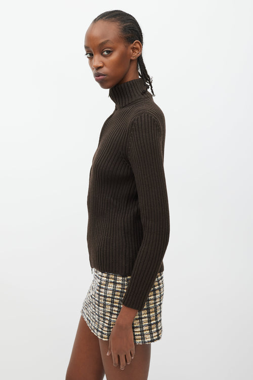 Prada Brown Ribbed Knit Zip Sweater