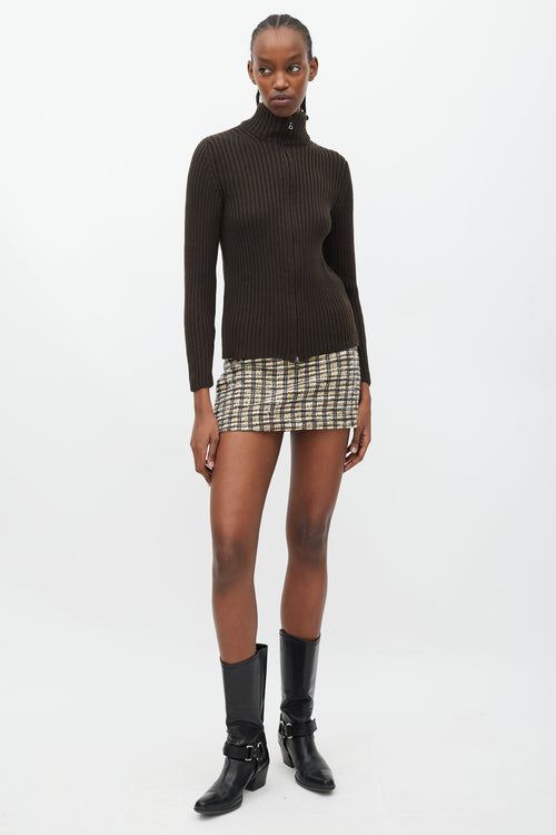 Prada Brown Ribbed Knit Zip Sweater