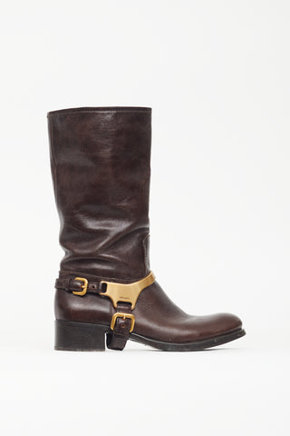 Prada Brown 
Gold Leather Harness Boot