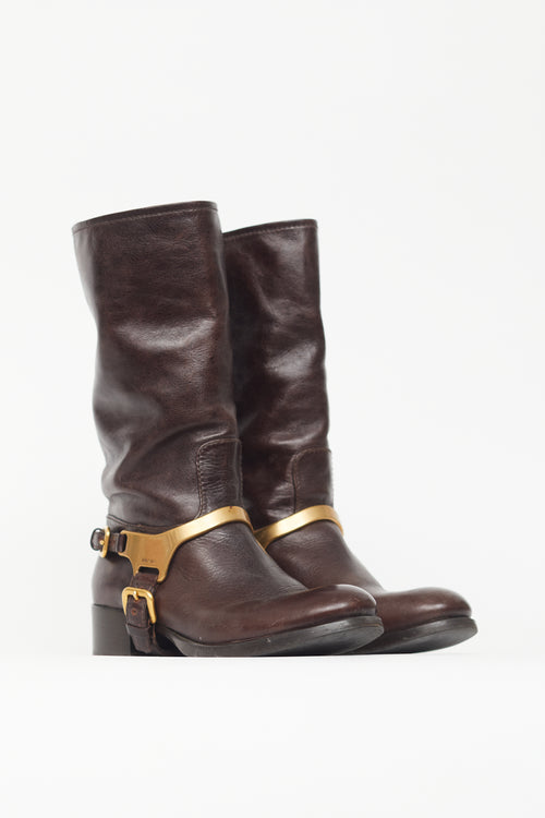 Prada Brown 
Gold Leather Harness Boot