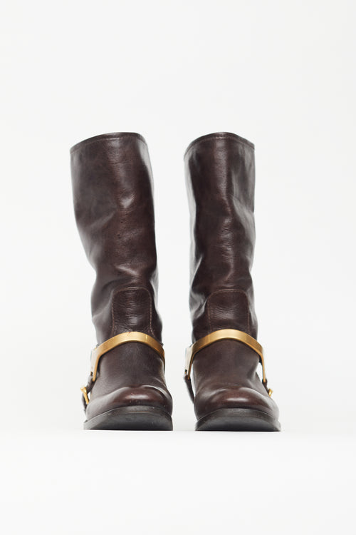 Prada Brown 
Gold Leather Harness Boot