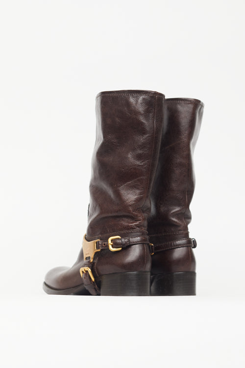 Prada Brown 
Gold Leather Harness Boot