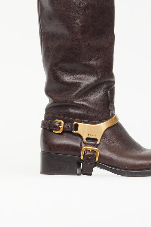 Prada Brown 
Gold Leather Harness Boot