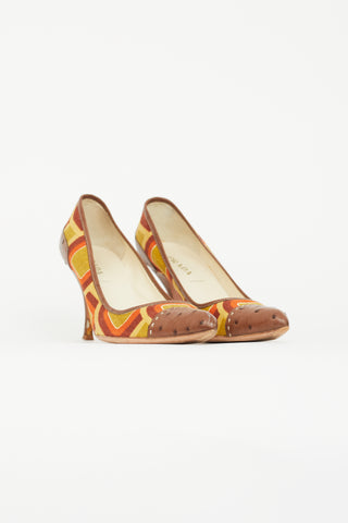 Prada Brown 
Multicolour Geometric Print Pump