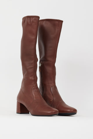 Prada Brown Leather Stretch Knee High Boot