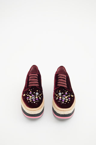 Prada Burgundy Velvet Platform Jewel Espadrille