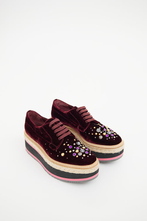 Prada Burgundy Velvet Platform Jewel Espadrille