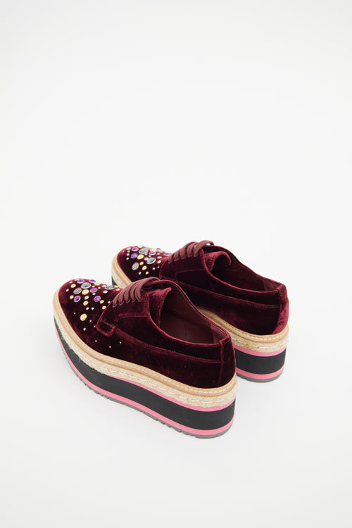 Prada Burgundy Velvet Platform Jewel Espadrille