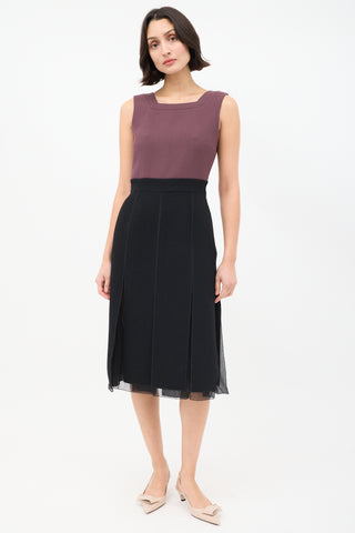 Prada Burgundy 
Black Colourblock Kick Pleat Dress