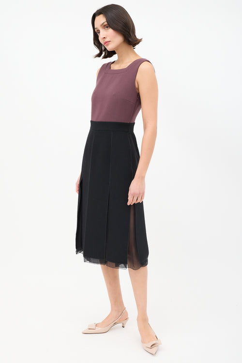 Prada Burgundy 
Black Colourblock Kick Pleat Dress