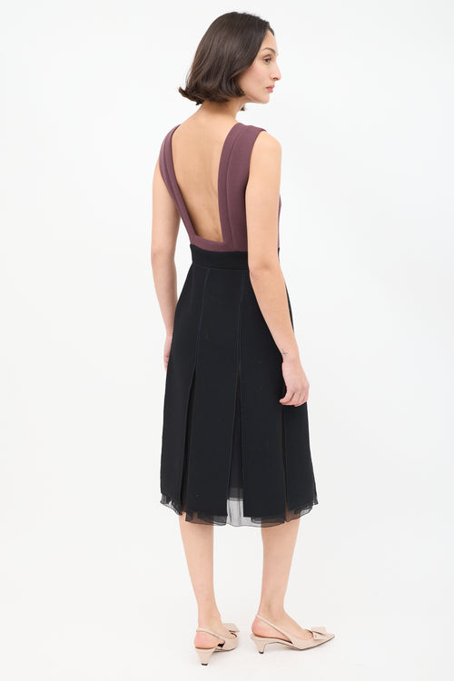 Prada Burgundy 
Black Colourblock Kick Pleat Dress