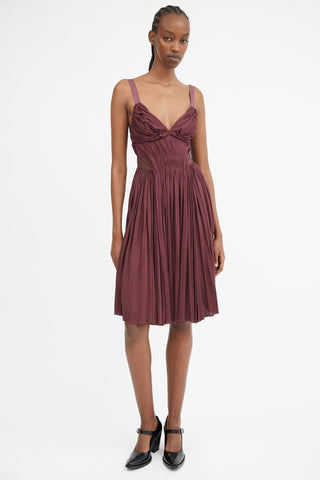 Burgundy Gathered 
Pleated Midi Dress