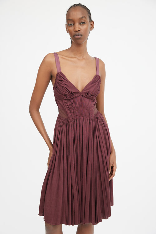 Burgundy Gathered 
Pleated Midi Dress