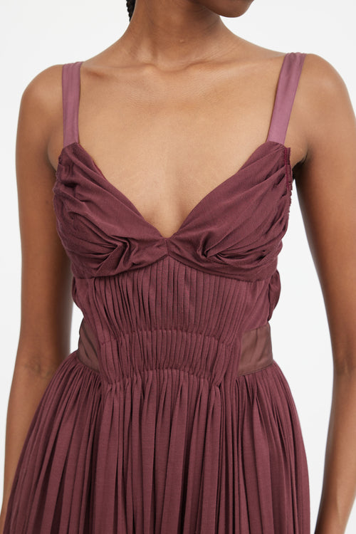 Burgundy Gathered 
Pleated Midi Dress