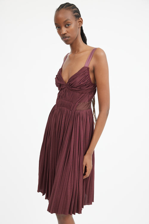 Burgundy Gathered 
Pleated Midi Dress