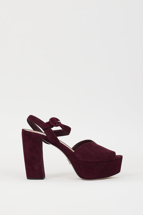 Prada Burgundy Suede Peep Toe Platform Heel