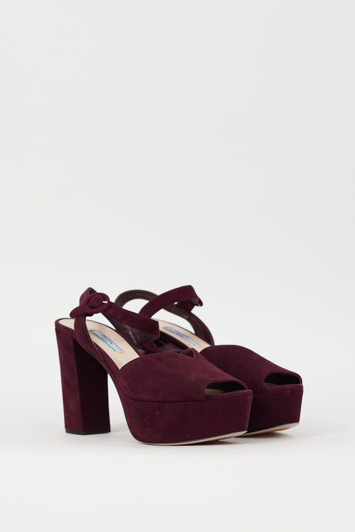 Prada Burgundy Suede Peep Toe Platform Heel