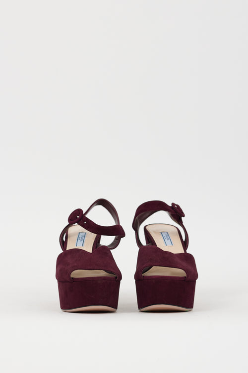 Prada Burgundy Suede Peep Toe Platform Heel