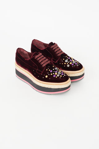 Prada Burgundy Velvet Platform Jewel Espadrille