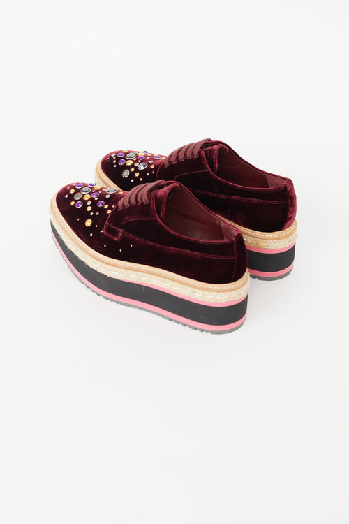 Prada Burgundy Velvet Platform Jewel Espadrille