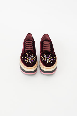 Prada Burgundy Velvet Platform Jewel Espadrille