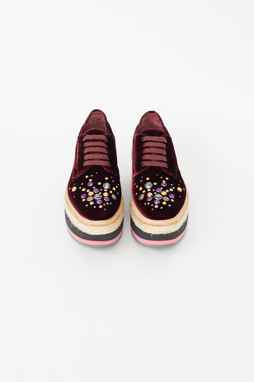 Prada Burgundy Velvet Platform Jewel Espadrille