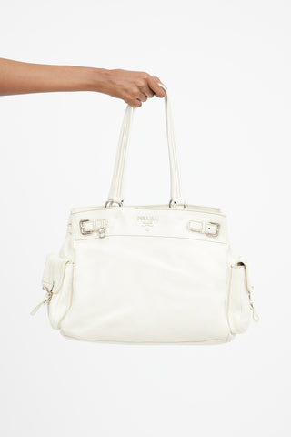 Cream Leather Buckled Shoulder Bag