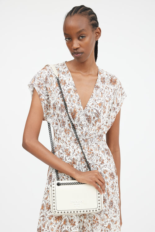 Cream Leather Studded Chain Strap Bag