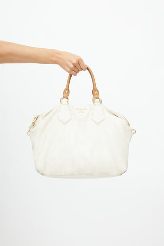 Prada Cream Pebbled Leather Duffle Bag