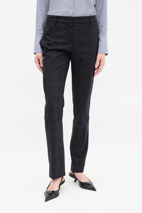 Prada Dark Grey 
Navy Plaid Buckle Waist Trouser