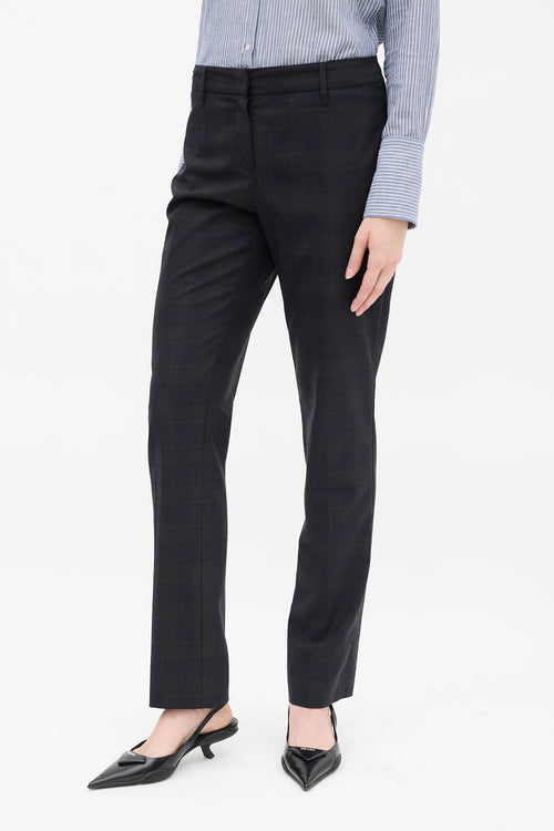 Prada Dark Grey 
Navy Plaid Buckle Waist Trouser