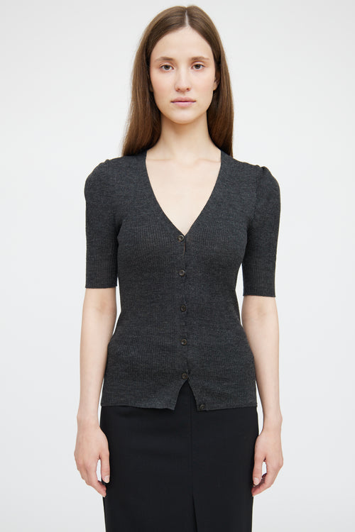 Prada Grey Wool Silk Rib Short Sleeve Cardigan Top