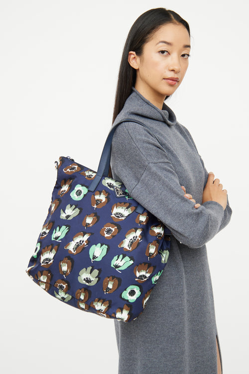 Prada Navy Floral Tessuto Stampata Tote Bag