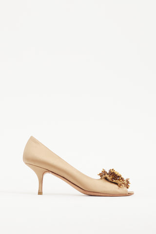 Prada Gold 
Brown Bead Cluster Satin Heel