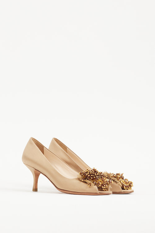 Prada Gold 
Brown Bead Cluster Satin Heel