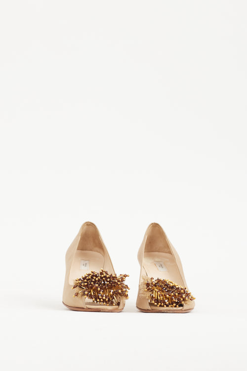 Prada Gold 
Brown Bead Cluster Satin Heel