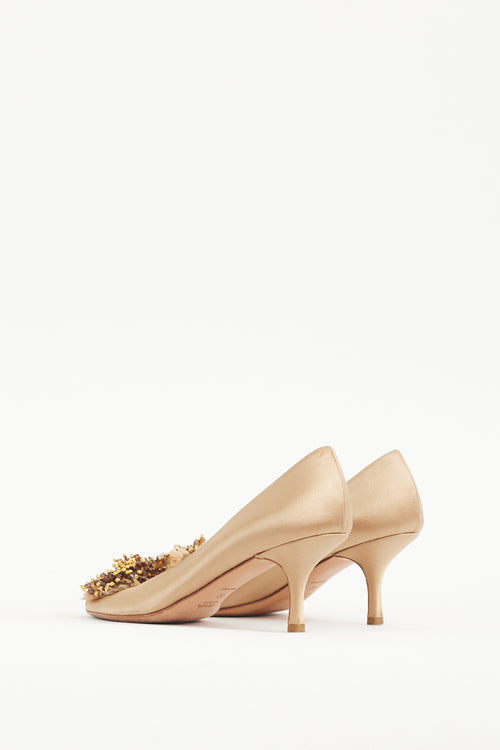 Prada Gold 
Brown Bead Cluster Satin Heel