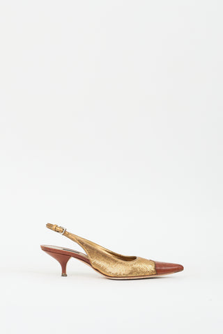 Prada Gold 
Brown Sequin Slingback Pump