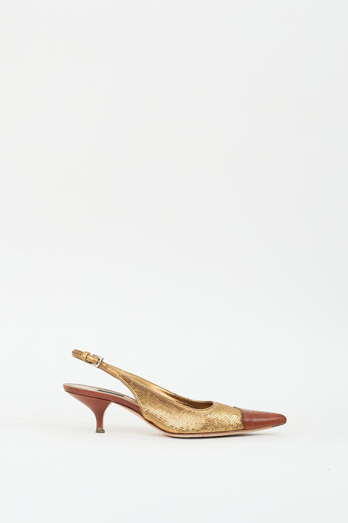 Prada Gold 
Brown Sequin Slingback Pump