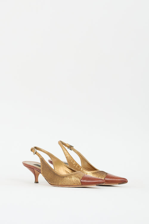 Prada Gold 
Brown Sequin Slingback Pump