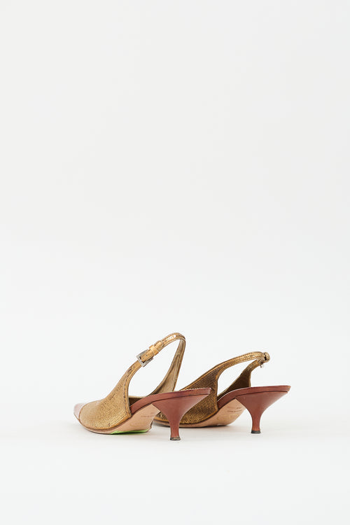 Prada Gold 
Brown Sequin Slingback Pump