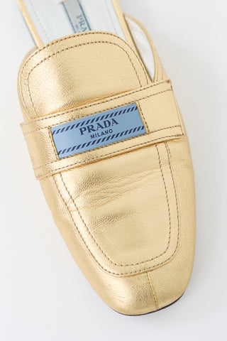 Prada Gold Metallic Leather Logo Etiquette Mule