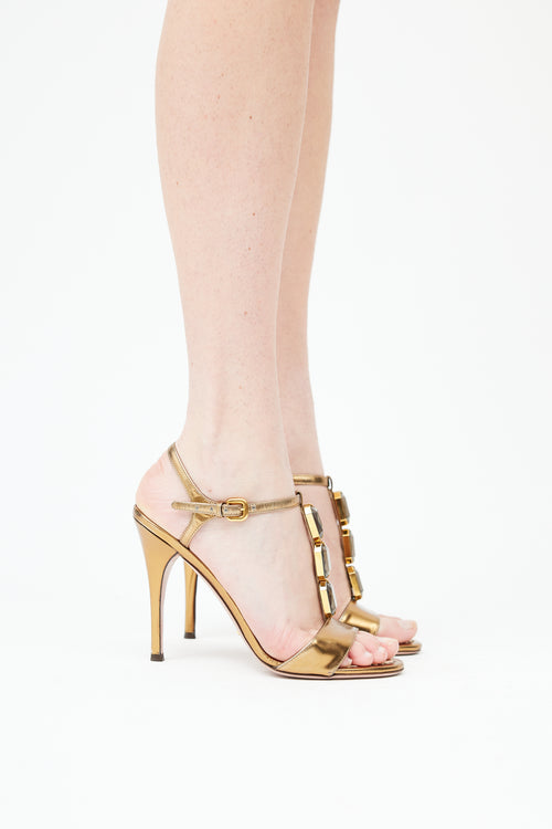  Metallic Gold Leather Gem Embellishment Heel