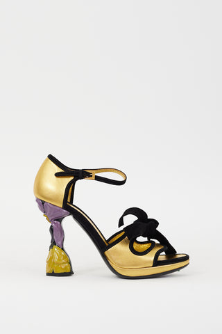 Prada Gold 
Black Leather 
Suede Floral Heel