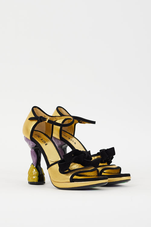 Prada Gold 
Black Leather 
Suede Floral Heel