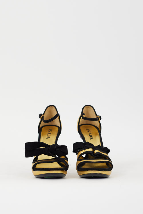 Prada Gold 
Black Leather 
Suede Floral Heel