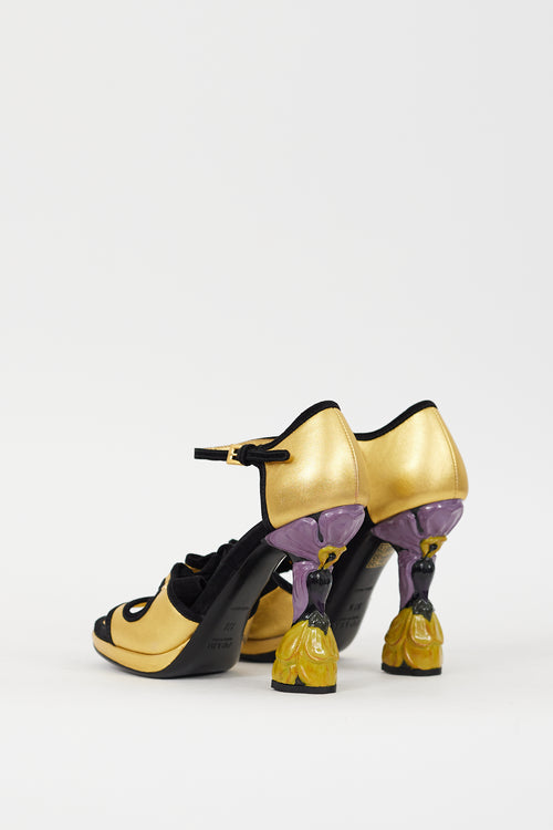 Prada Gold 
Black Leather 
Suede Floral Heel